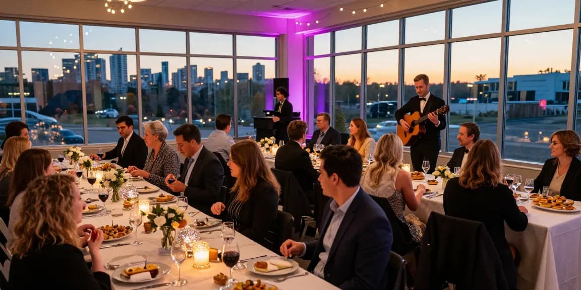 Elegant event space Mississauga with beautifully decorated tables and sunset views.