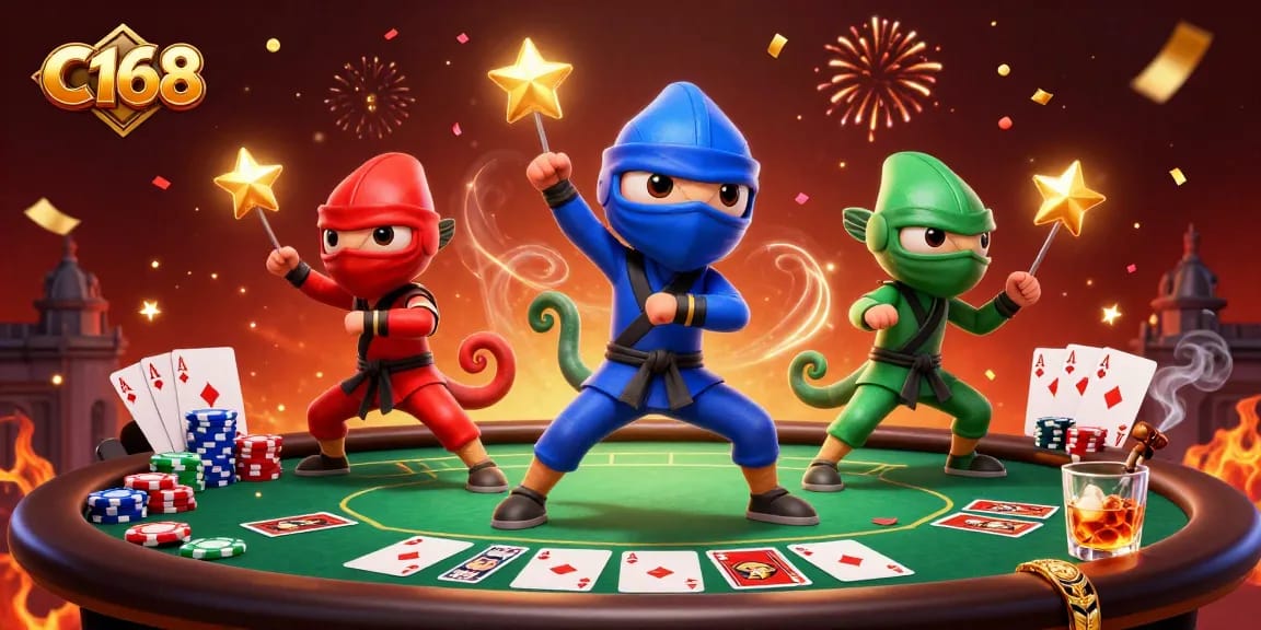 Watch the C168 ninja chameleon team celebrate with poker and casino elements in an exciting scene.