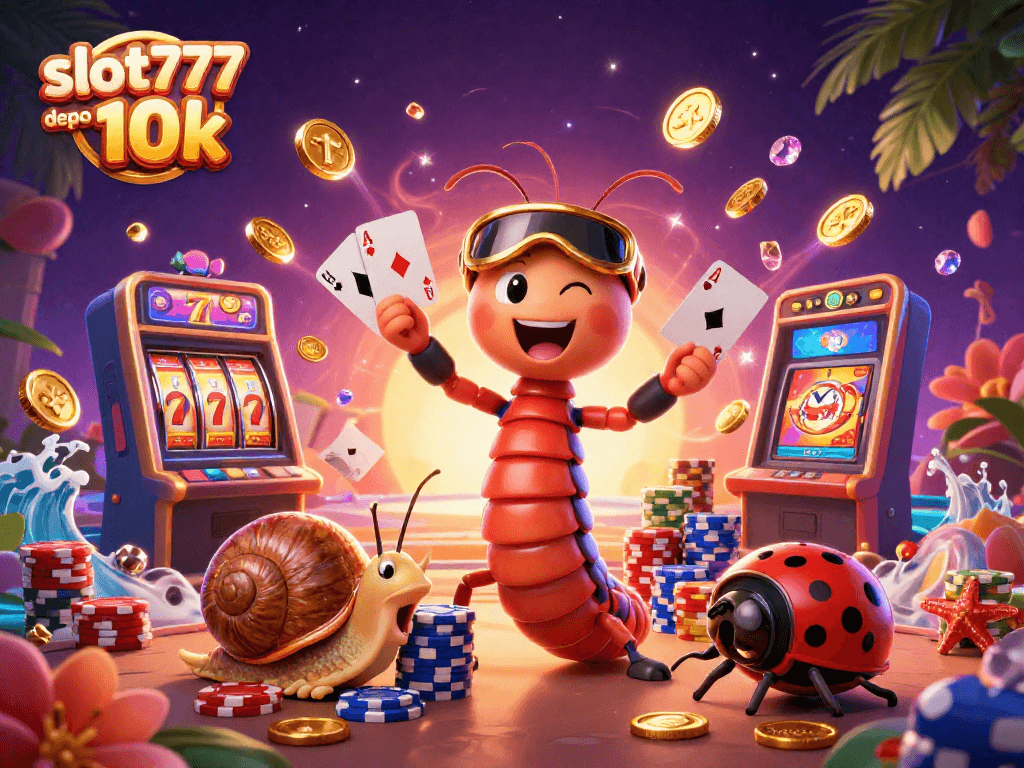 Experience slot777 depo 10k excitement in a vibrant casino scene with colorful characters and dynamic elements.