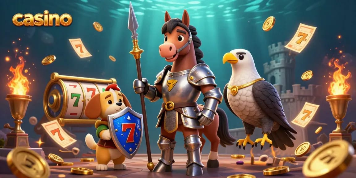 Experience thrilling casino excitement with a knight, squire, and falcon in a dynamic 3D illustration.