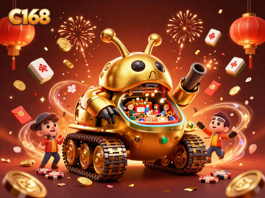C168 showcases a dynamic 3D casino inside a golden beetle tank, surrounded by celebratory elements.