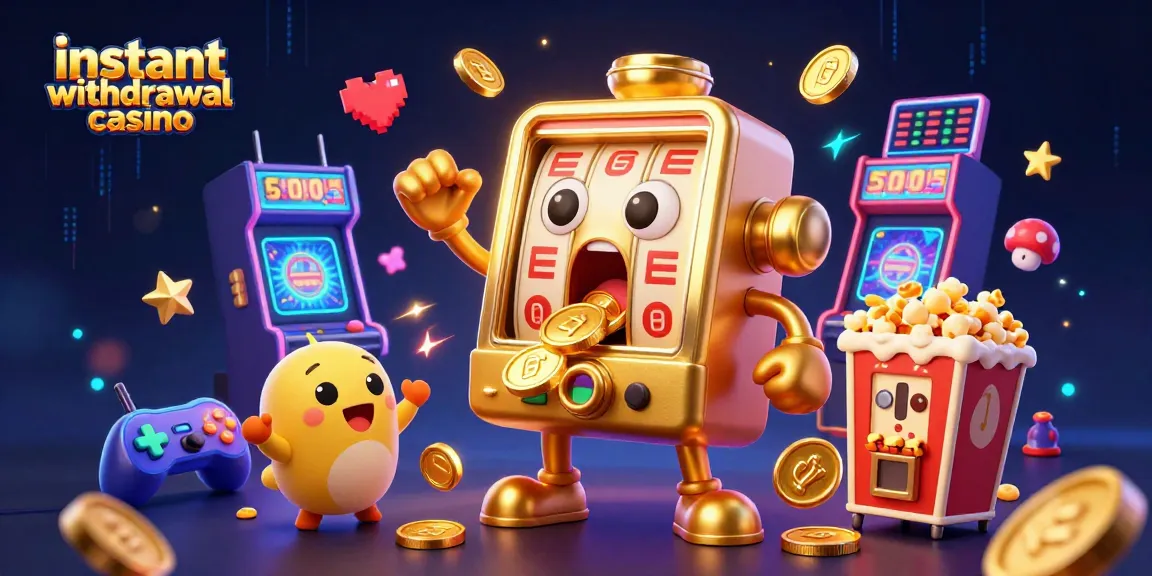 Excited golden slot machine celebrating a jackpot, showcasing the instant withdrawal casino theme with vibrant game elements.