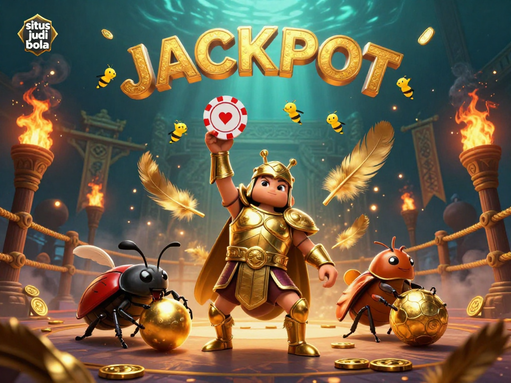 Experience excitement at situs judi bola with a hero beetle lifting a poker chip under a glowing jackpot.