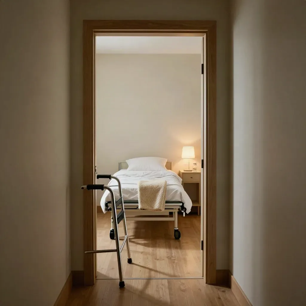 Recovery bed at hallway end with walker, blanket, carafe and lamp in soft morning light.