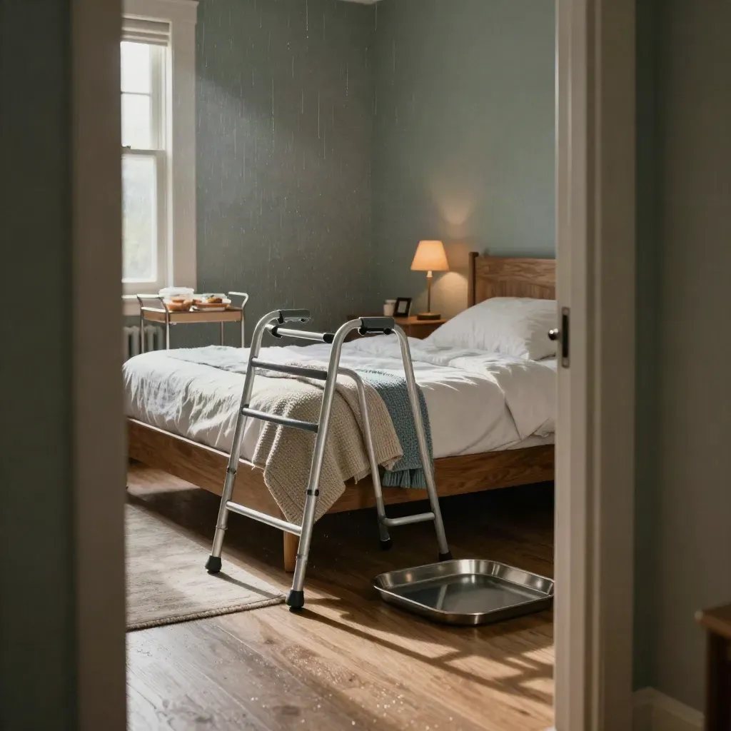 Recovery bed, walker, meal cart, and lamp in a rain-lit care-ready bedroom hallway.