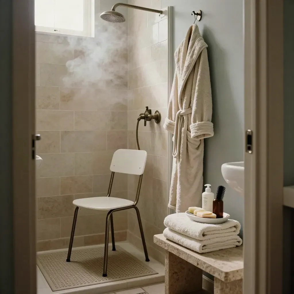 Bathroom support setup with shower chair, towels, mat, robe hook and toiletry tray in warm steam.