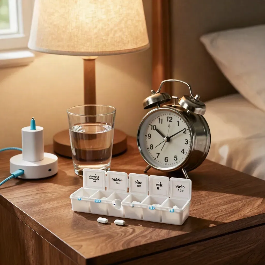 Open pill organizer beside water glass, alarm clock and charger dock on a walnut bedside table.