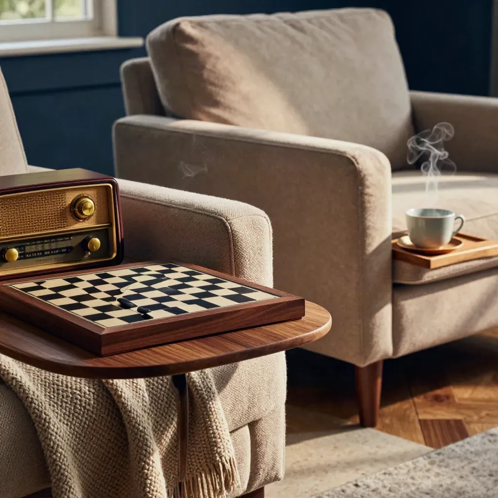 Macro of a cozy companion-care living room with tea, chessboard, radio, and wool throw.