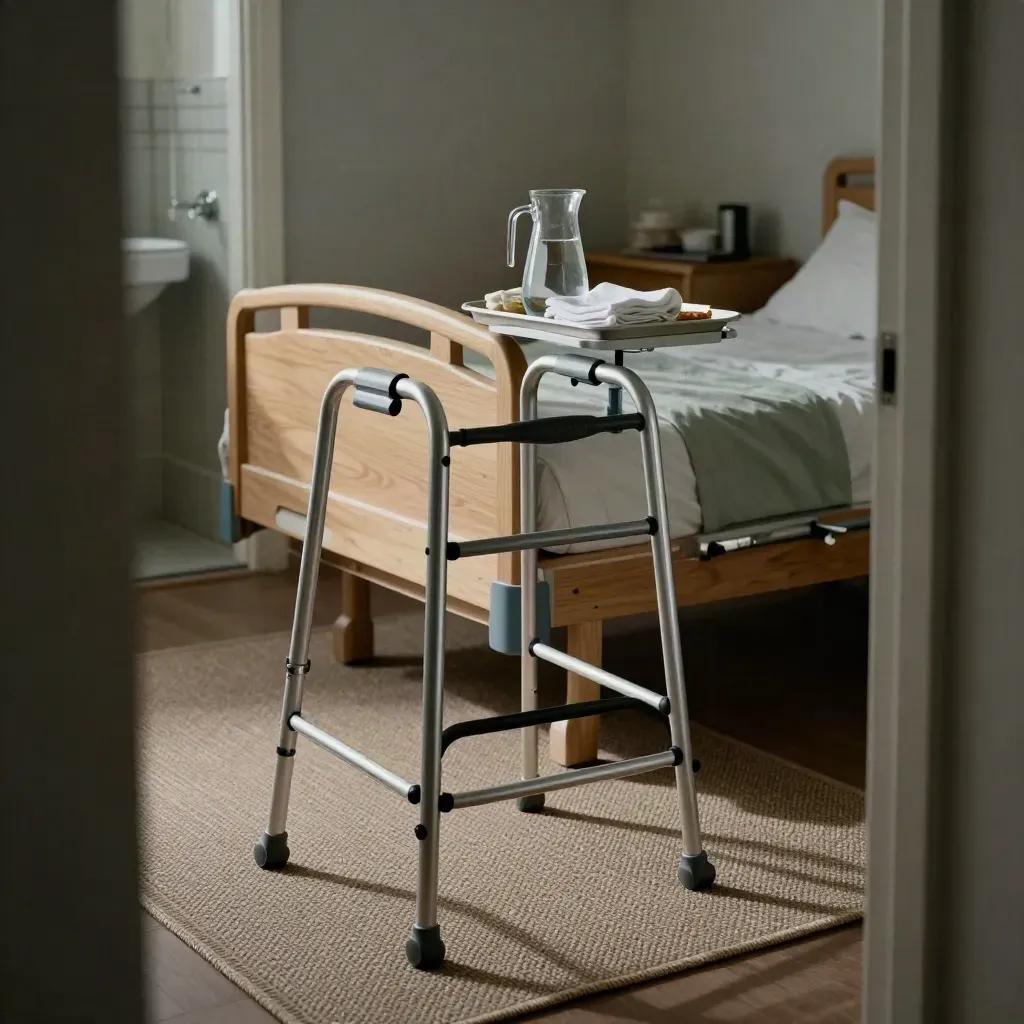 Walker, bed rail, water pitcher and meal tray prepared in a quiet recovery bedroom.
