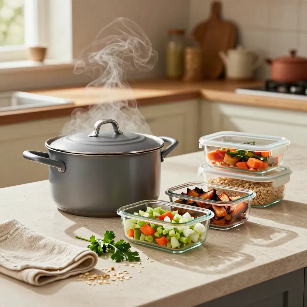 Meal prep containers and a lidded saucepan on a kitchen counter with vegetables and linen towel.
