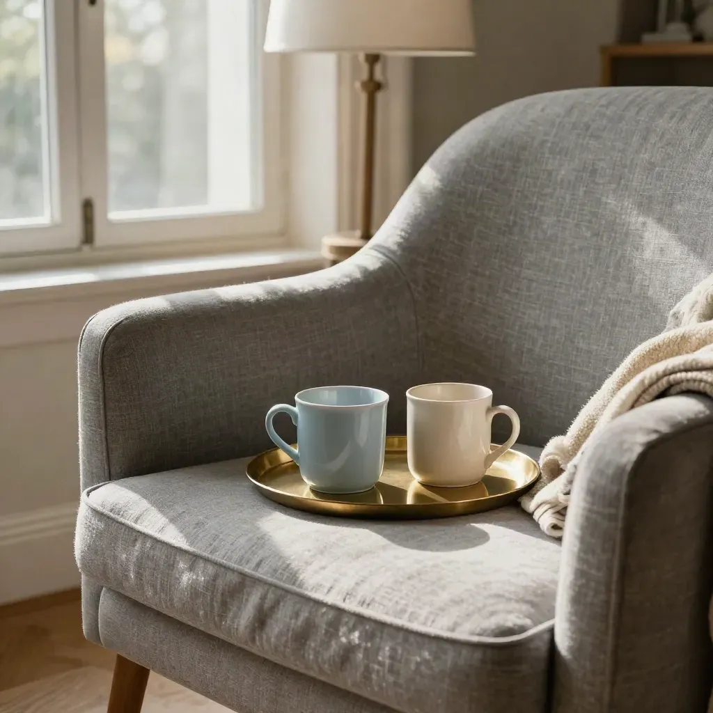 Sunlit reading nook with mugs, tea tray, folded blanket, and empty armchair beside a lamp.