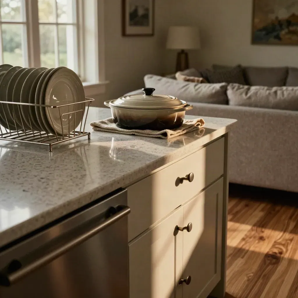 Freshly reset kitchen and living room with dishes, casserole, and a made sofa cushion in warm light.