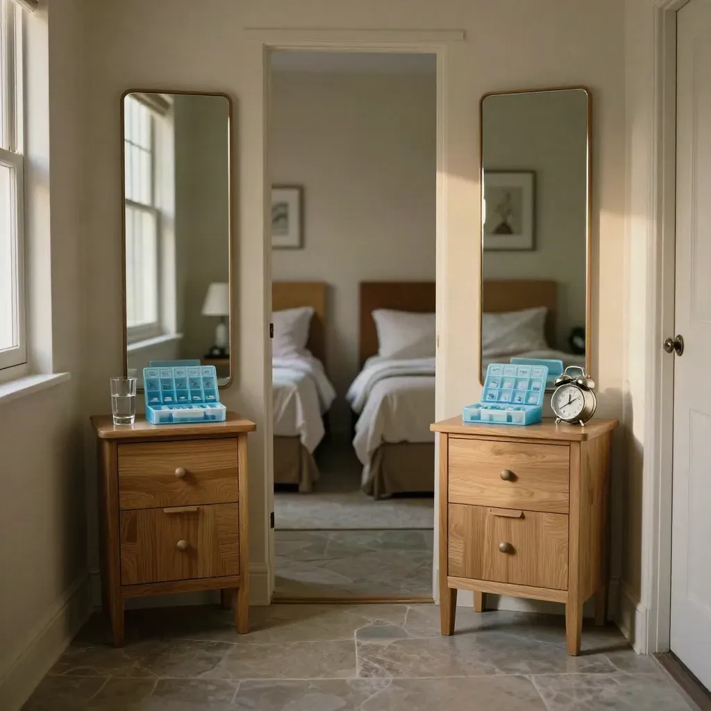 Mirrored bedside medication stations in two bedrooms across a quiet hallway at dawn.