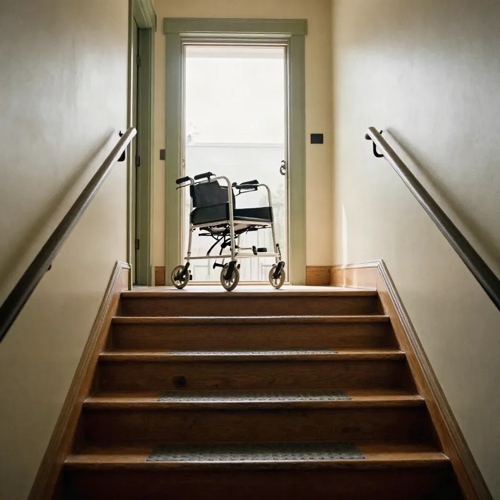 Moody stair landing with handrail, walker, and bright front-door threshold in morning haze.
