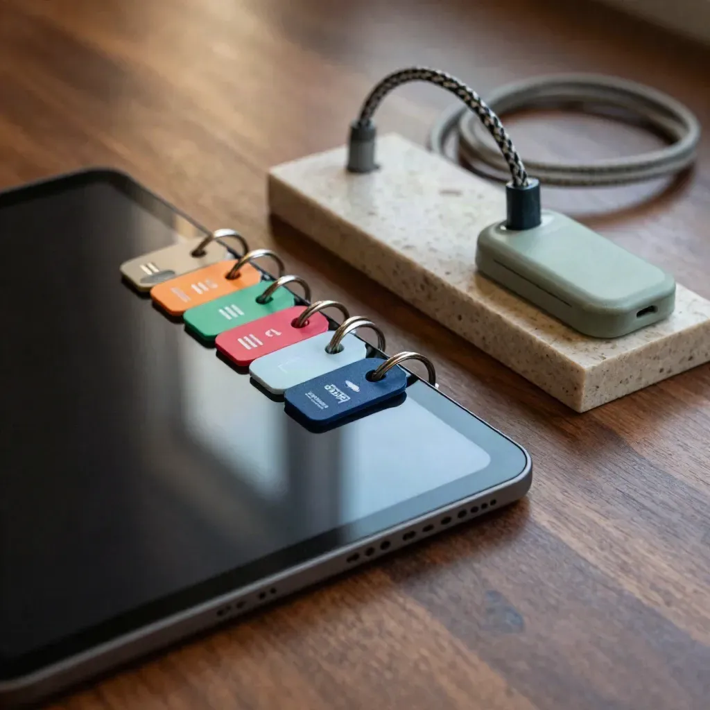 Macro of a dark tablet, color-coded key tags, and charging dock on walnut.