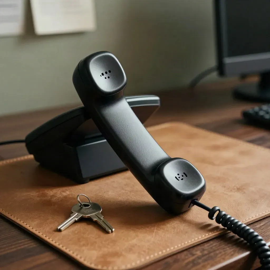 Cordless handset, headset cradle and key ring on a leather mat in a quiet care office.