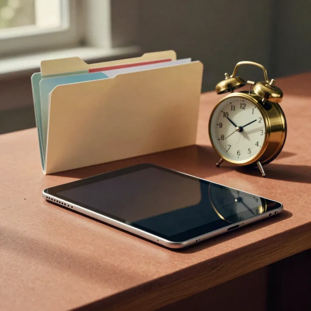 Tablet, face-down care folders and brass clock on a terracotta counter, softly lit