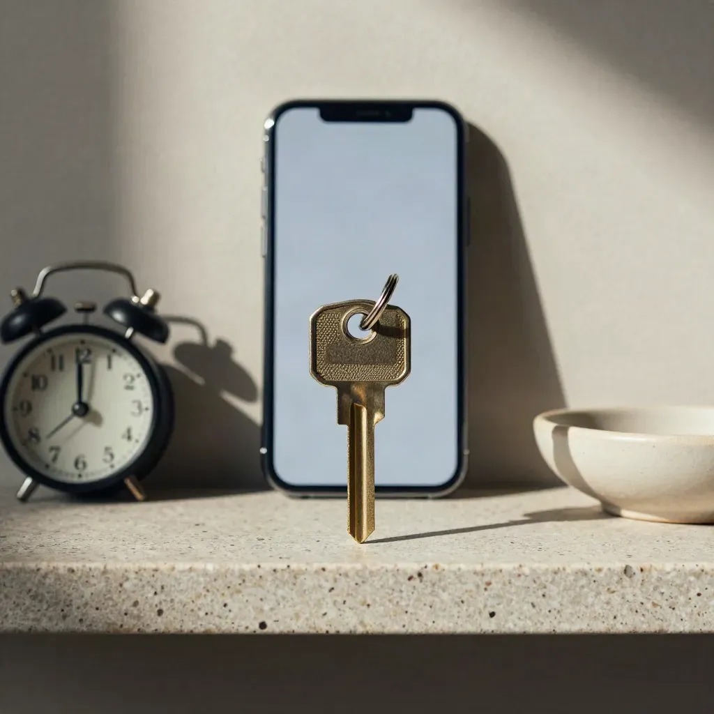Key ring, phone, clock and bowl on a stone shelf in soft side light