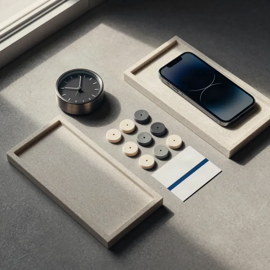 Overhead flatlay of care tokens, clock, phone and offset trays on concrete.