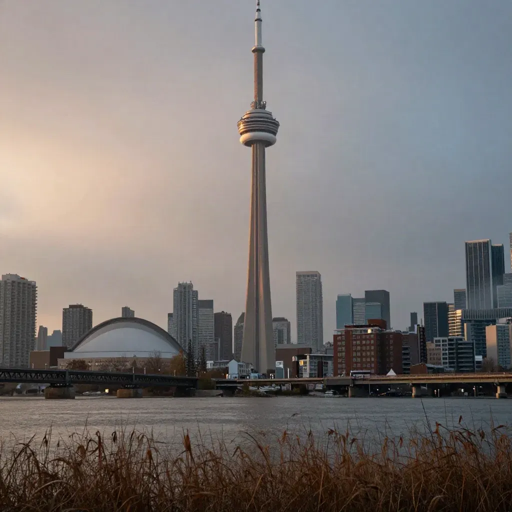CN Tower above the Don Valley in blue-hour haze, with wet grasses and Toronto rooftops