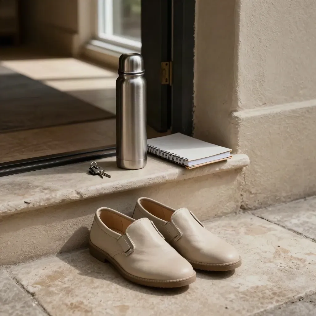 Indoor shoes, thermos, key fob, and notebook on a bench by the door
