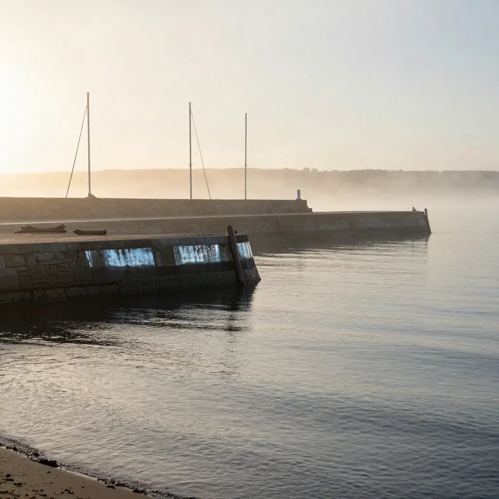 Whitby Harbour at dawn with breakwater, sail masts and mist over calm Lake Ontario water