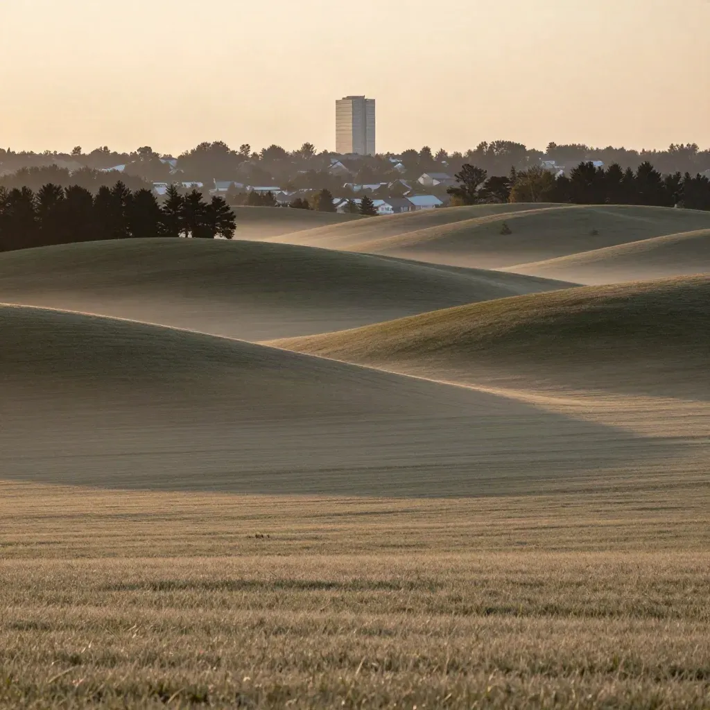 Hazy Moraine hills with a distant tower above open York Region fields.