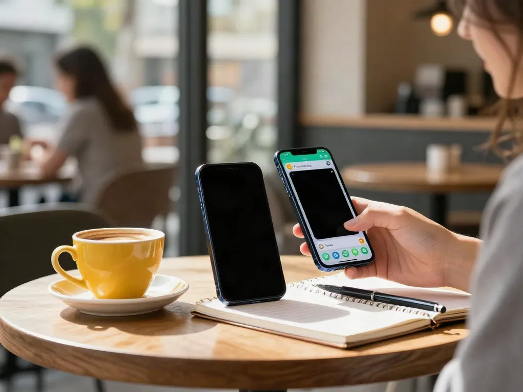 User enjoying FMWhatsApp on smartphone in a trendy cafe setting.