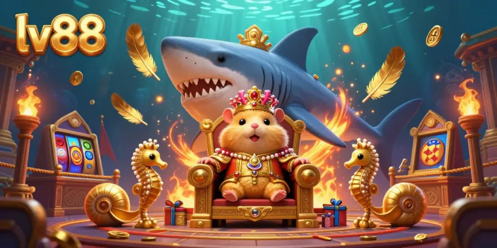 Experience thrilling gameplay at lv88 with a vibrant underwater scene featuring a golden hamster king and casino elements.