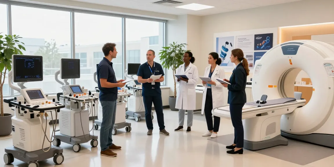 Explore advanced medical equipment in Toronto showcased by professionals in a modern showroom setting.