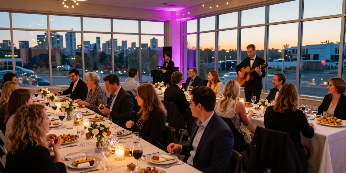 Elegant event space Mississauga with beautifully decorated tables and sunset views.